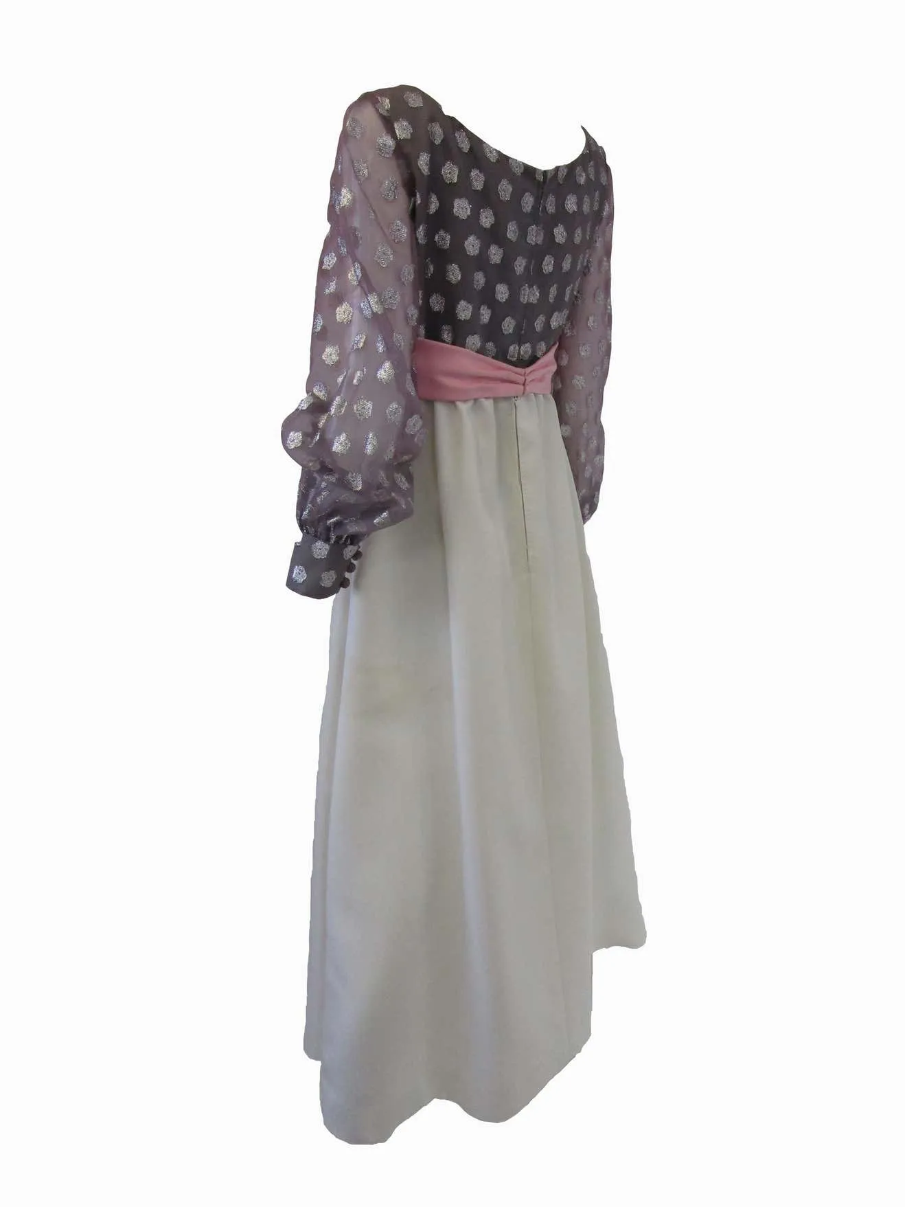 1960s Geoffrey Beene Purple, Pink and Cream Silk Gown with Silver Polka Dots