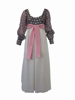 1960s Geoffrey Beene Purple, Pink and Cream Silk Gown with Silver Polka Dots