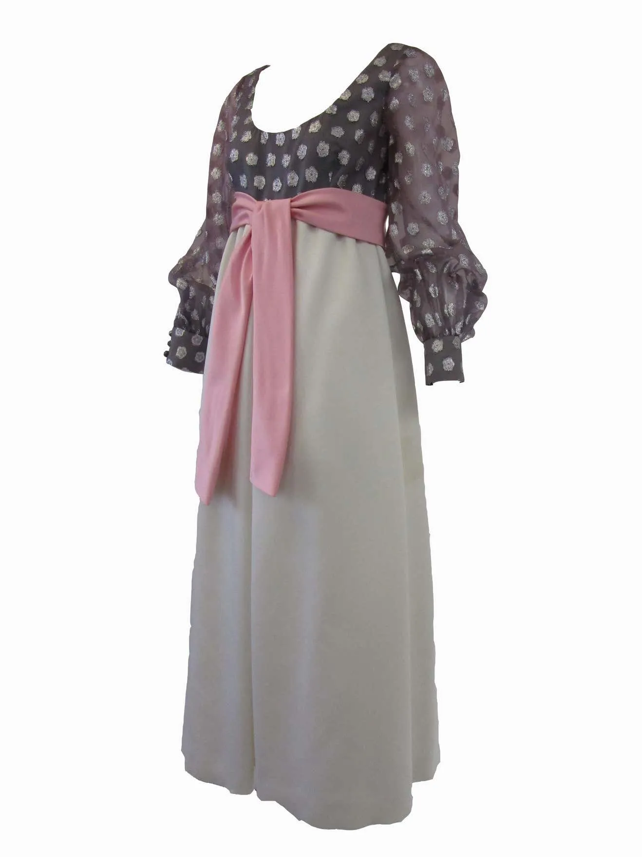 1960s Geoffrey Beene Purple, Pink and Cream Silk Gown with Silver Polka Dots