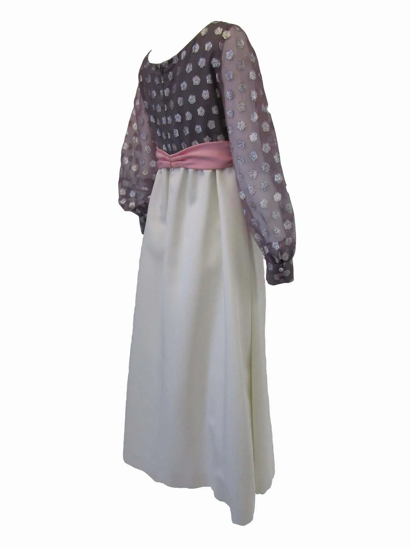 1960s Geoffrey Beene Purple, Pink and Cream Silk Gown with Silver Polka Dots