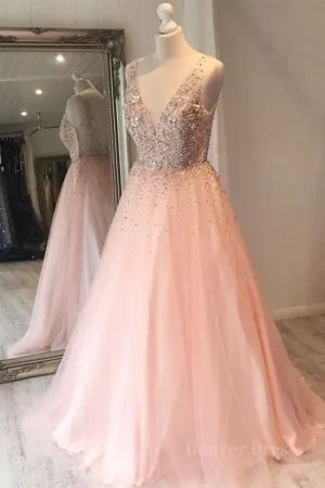 A Line V Neck Sequins Pink Long Prom Dress Pink Formal Graduation Evening Dress