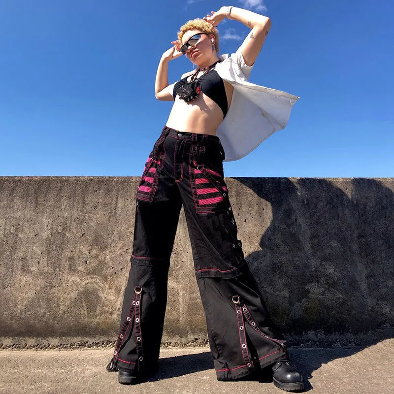 Advbridge grunge outfits Retro Dark Style Cool Chic Ribbon Eyelet Chain Casual Pants Contrast Color Striped Mesh Stitching Wide Leg Pants