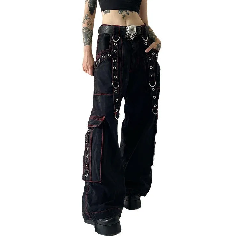 Advbridge grunge outfits Retro Dark Style Cool Chic Ribbon Eyelet Chain Casual Pants Contrast Color Striped Mesh Stitching Wide Leg Pants