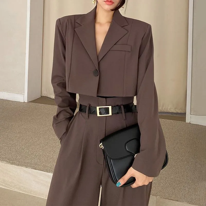 Amozae business casual outfits Chic Retro Lapel Loose Short One Button Suit Jacket   High Waist Long Wide Leg Suit Pants Suit