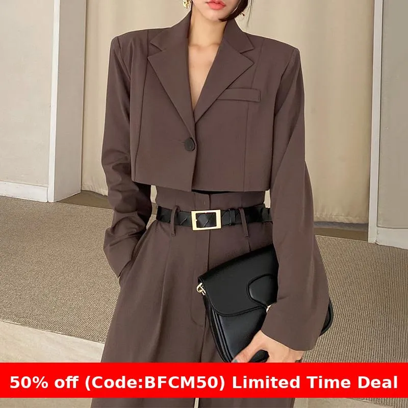 Amozae business casual outfits Chic Retro Lapel Loose Short One Button Suit Jacket   High Waist Long Wide Leg Suit Pants Suit