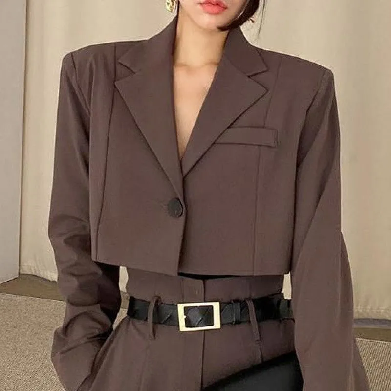 Amozae business casual outfits Chic Retro Lapel Loose Short One Button Suit Jacket   High Waist Long Wide Leg Suit Pants Suit