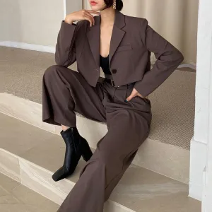 Amozae business casual outfits Chic Retro Lapel Loose Short One Button Suit Jacket   High Waist Long Wide Leg Suit Pants Suit