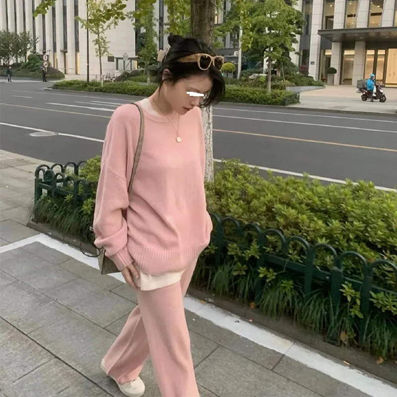 Amozae fall outfits women Hong Kong Style Suit Women's Retro Chic Fried Street Fashion Fake Two-Piece Top Knitted Wide-Leg Pants Sweater Two-Piece Set Autumn and Winter