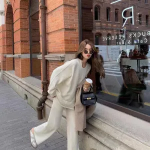 Amozae fall outfits women Hong Kong Style Suit Women's Retro Chic Fried Street Fashion Fake Two-Piece Top Knitted Wide-Leg Pants Sweater Two-Piece Set Autumn and Winter