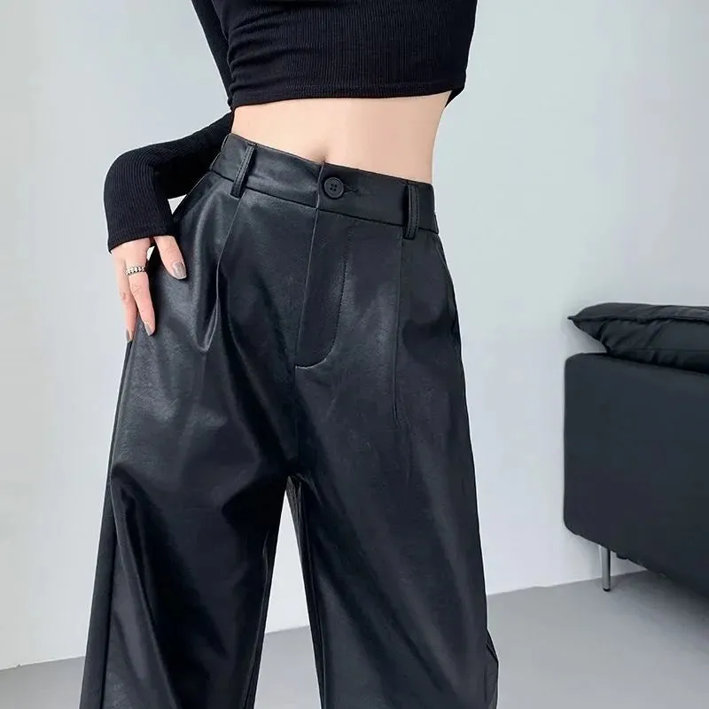 Amozae-Vintage High-End FeelPU Leather Straight-Leg Pants For Women  New Bell Bottoms Draped Slimming Casual Trousers