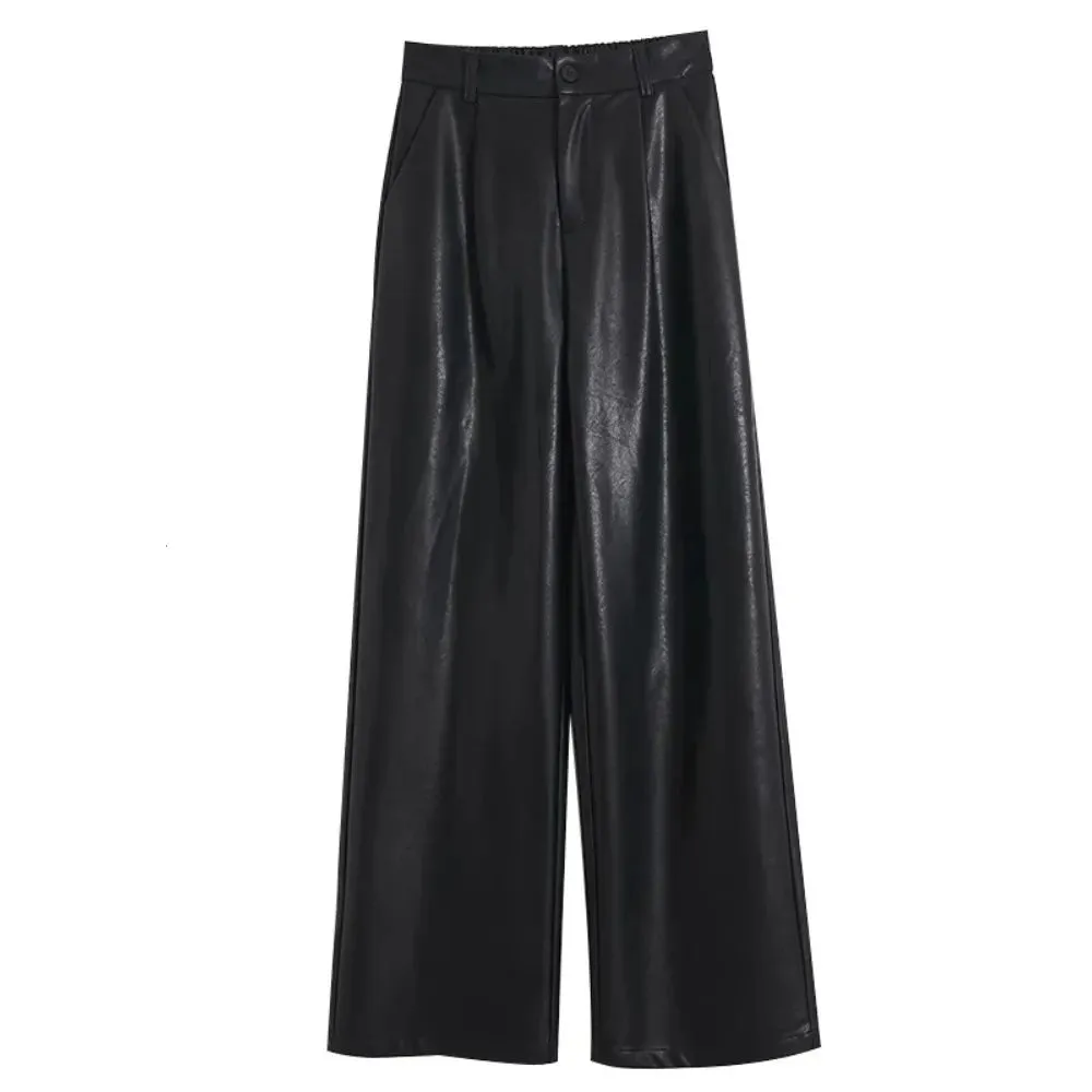 Amozae-Vintage High-End FeelPU Leather Straight-Leg Pants For Women  New Bell Bottoms Draped Slimming Casual Trousers