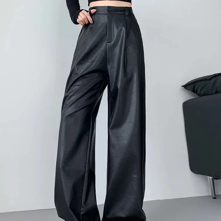 Amozae-Vintage High-End FeelPU Leather Straight-Leg Pants For Women  New Bell Bottoms Draped Slimming Casual Trousers