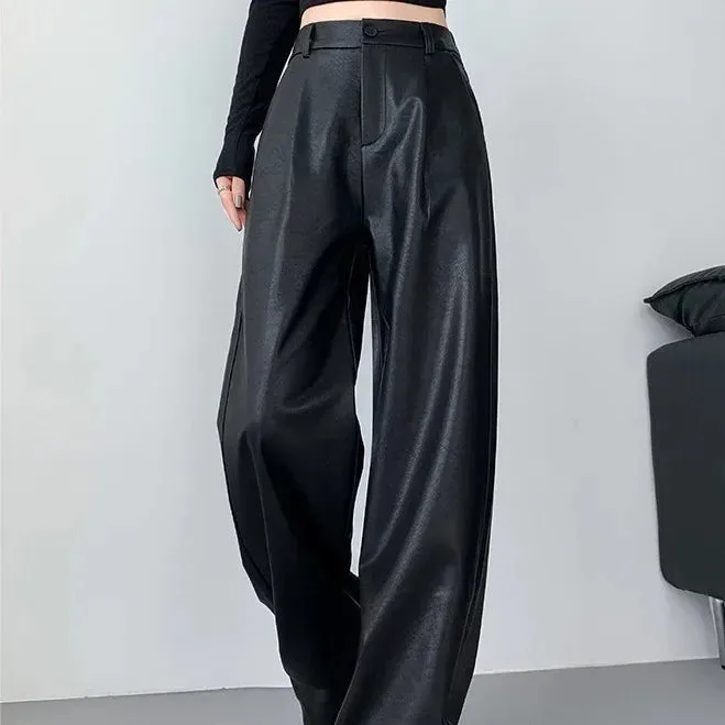 Amozae-Vintage High-End FeelPU Leather Straight-Leg Pants For Women  New Bell Bottoms Draped Slimming Casual Trousers