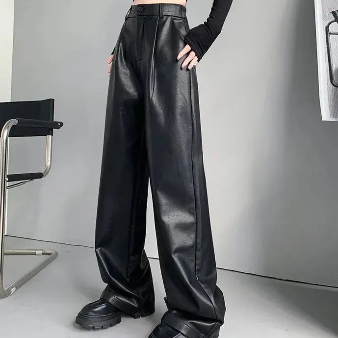 Amozae-Vintage High-End FeelPU Leather Straight-Leg Pants For Women  New Bell Bottoms Draped Slimming Casual Trousers