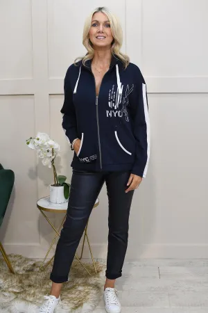 Barbara Lebek Navy Zip Up Jacket With NYC Slogan and Drawstring - 17800042