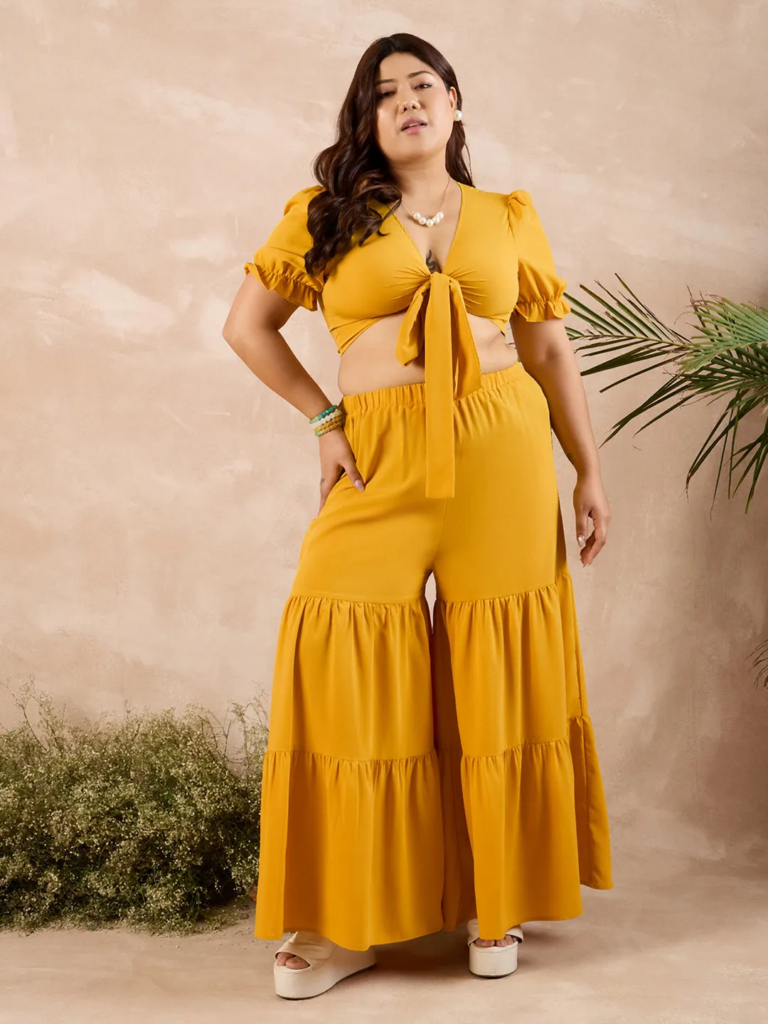 Berrylush Curve Women Solid Yellow V-Neck Puff Sleeves Front Tie-Up Cropped Top & Wide-Leg Maxi Trousers Co-Ord Set