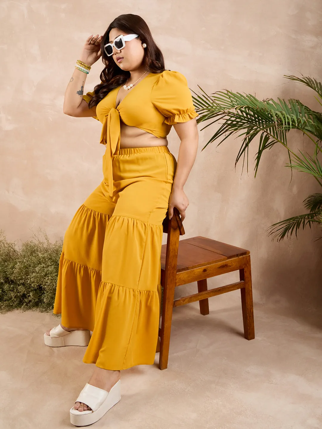 Berrylush Curve Women Solid Yellow V-Neck Puff Sleeves Front Tie-Up Cropped Top & Wide-Leg Maxi Trousers Co-Ord Set