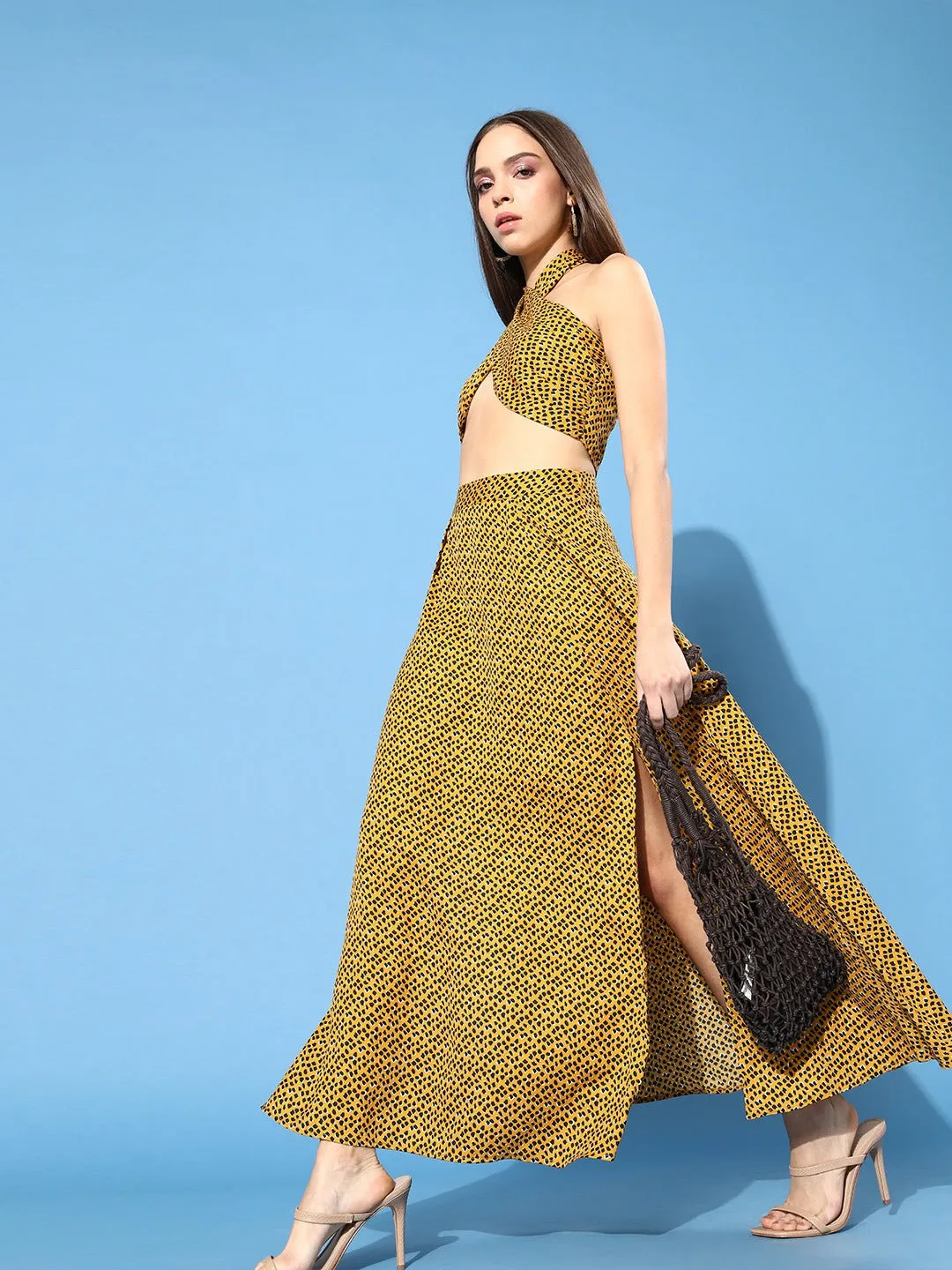 Berrylush Women Yellow & Black Animal Printed Halter Neck Crepe Maxi Dress