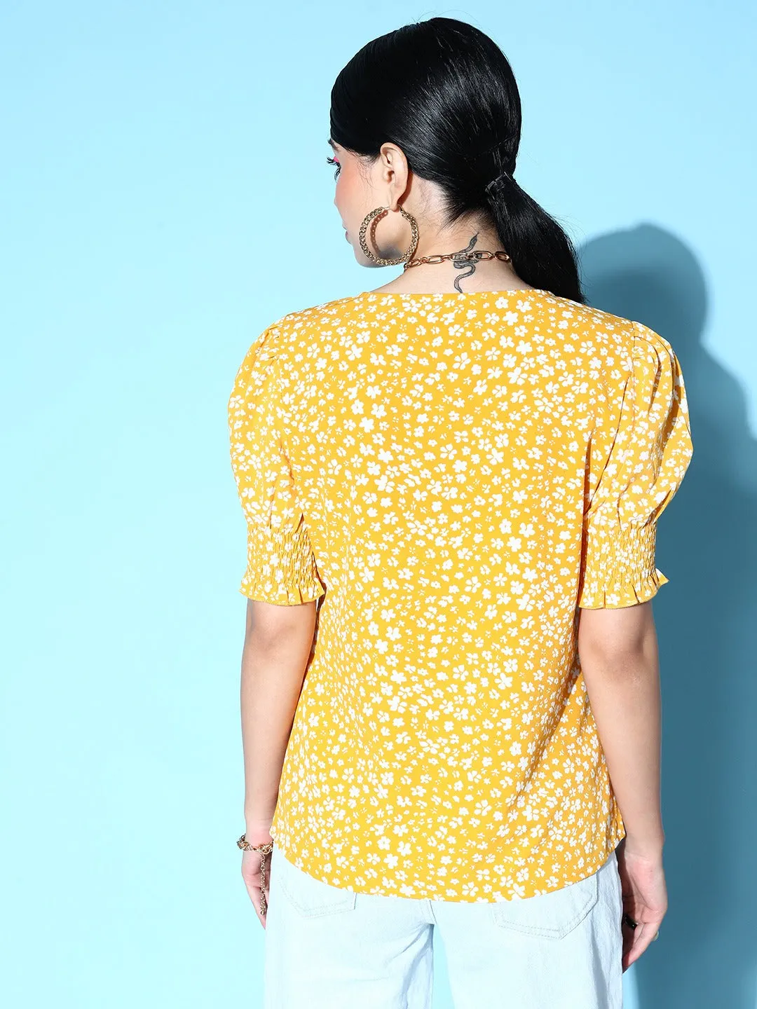 Berrylush Women Yellow & White Ditsy Floral Printed V-Neck Front Button-Up Crepe Smocked Top