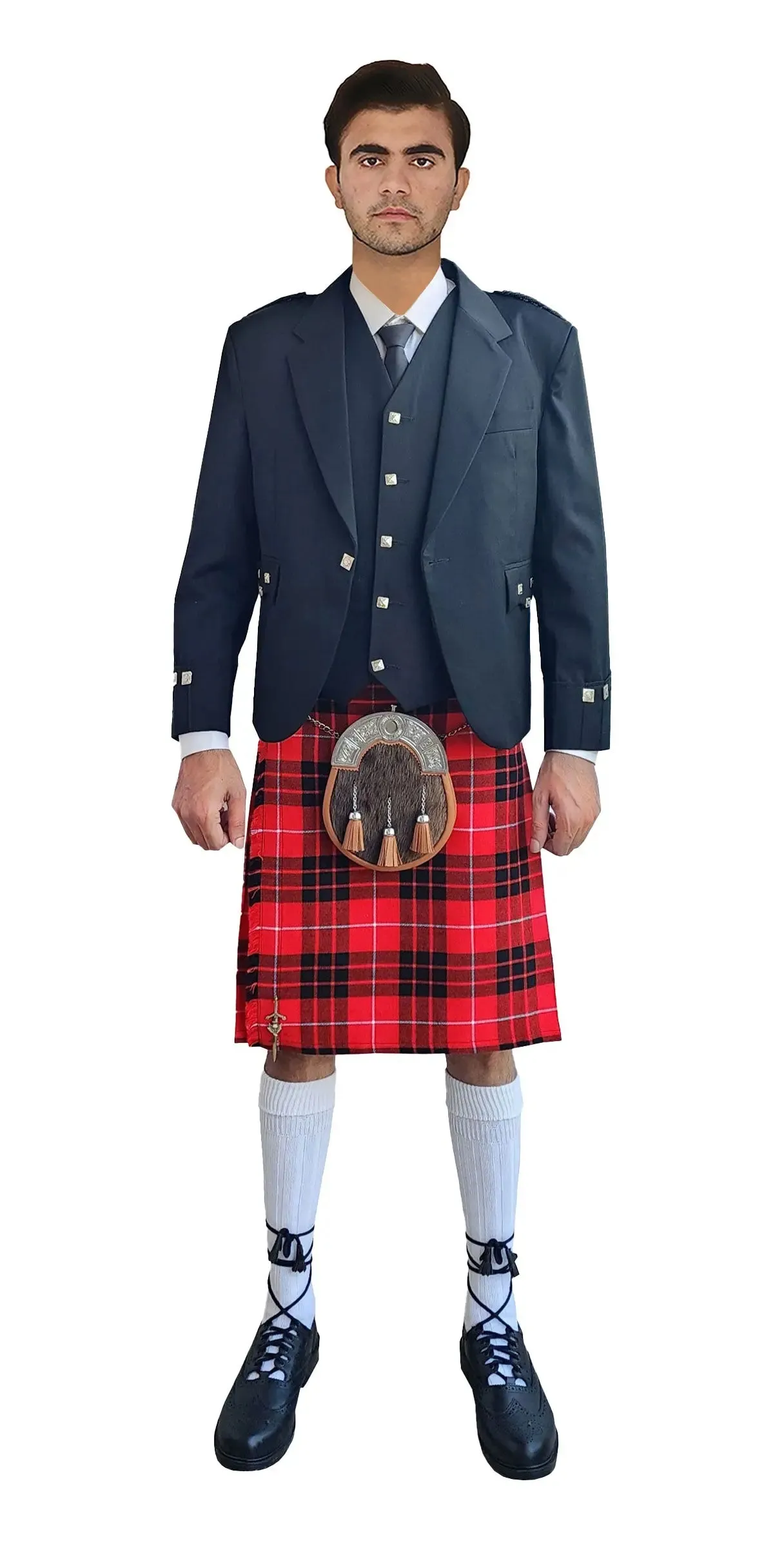 Black Argyll Tweed Outfit With Munro Black And Red Tartan Kilt