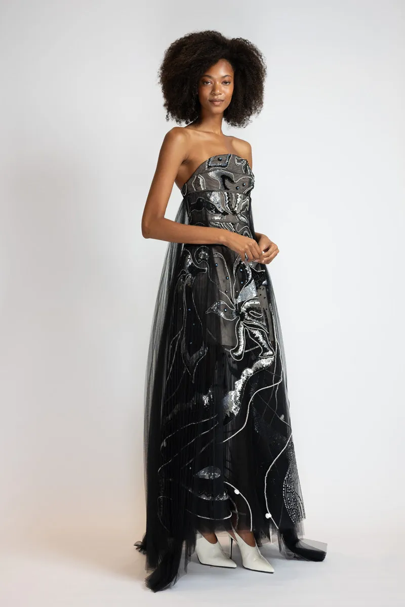 Black Rhyme Embroidered Tulle Strapless Evening Dress