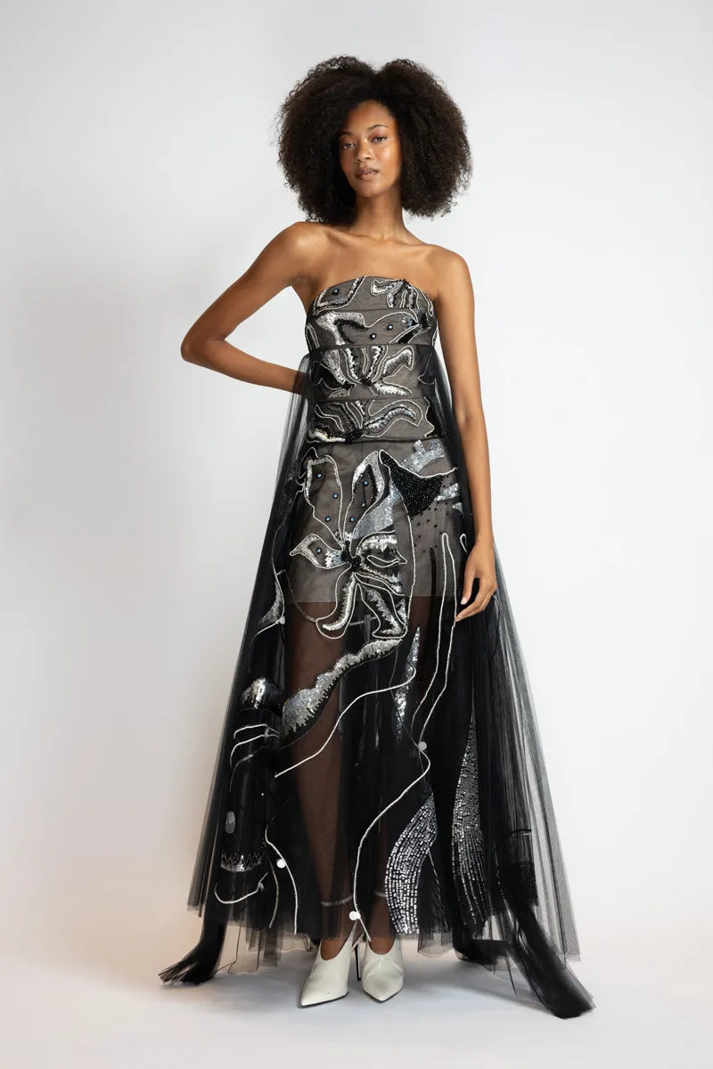 Black Rhyme Embroidered Tulle Strapless Evening Dress