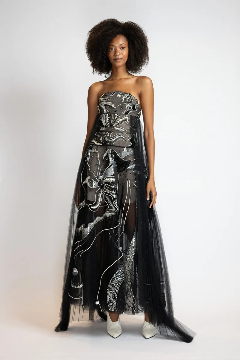 Black Rhyme Embroidered Tulle Strapless Evening Dress