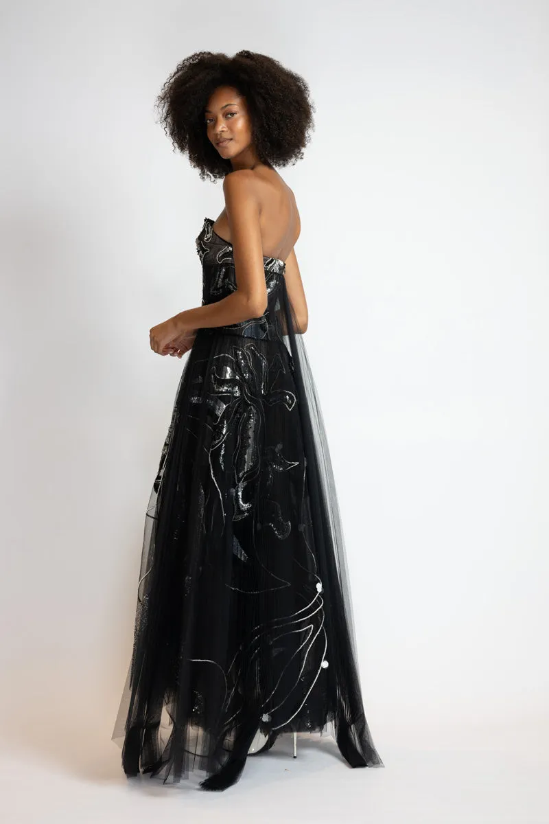 Black Rhyme Embroidered Tulle Strapless Evening Dress