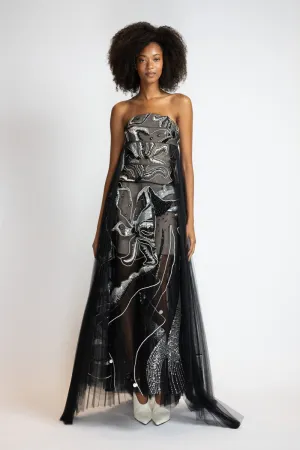 Black Rhyme Embroidered Tulle Strapless Evening Dress