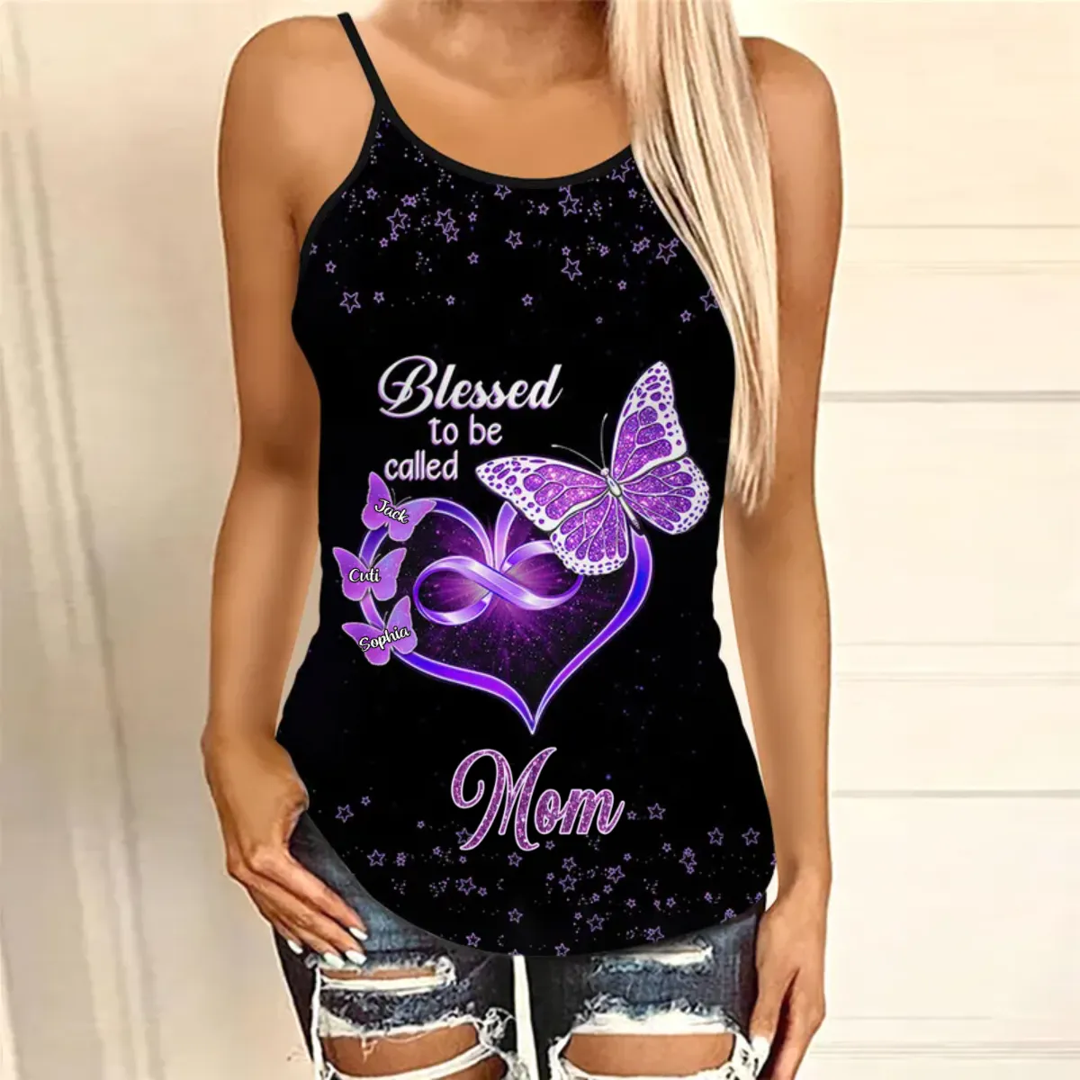 Blessed To Be Called Grandma Mom Heart Butterfly Kids Personalized Cross Tank Top