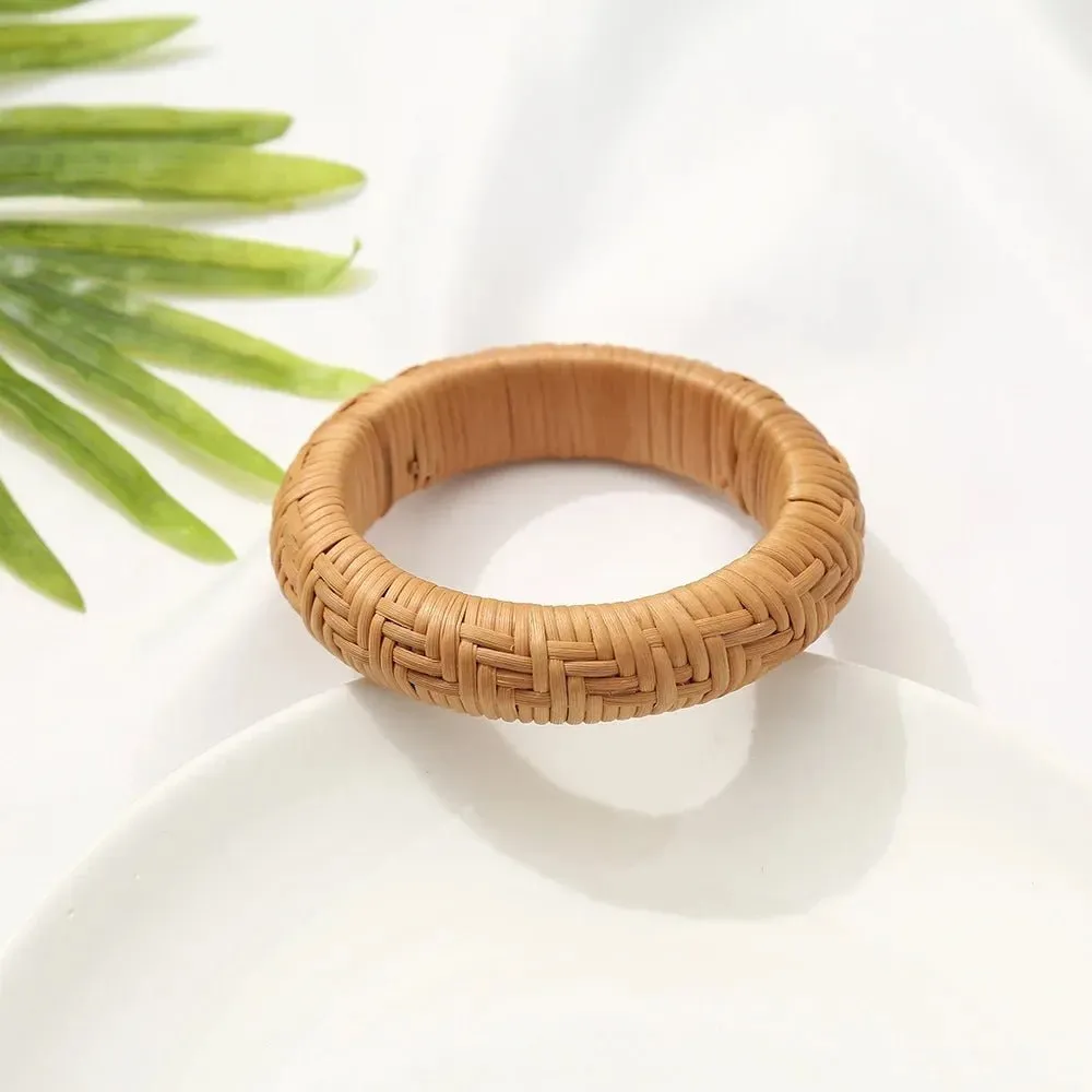 Boho Chic Handmade Bamboo & Rattan Weave Bangles - Bohemian Beach Style Bracelet for Women