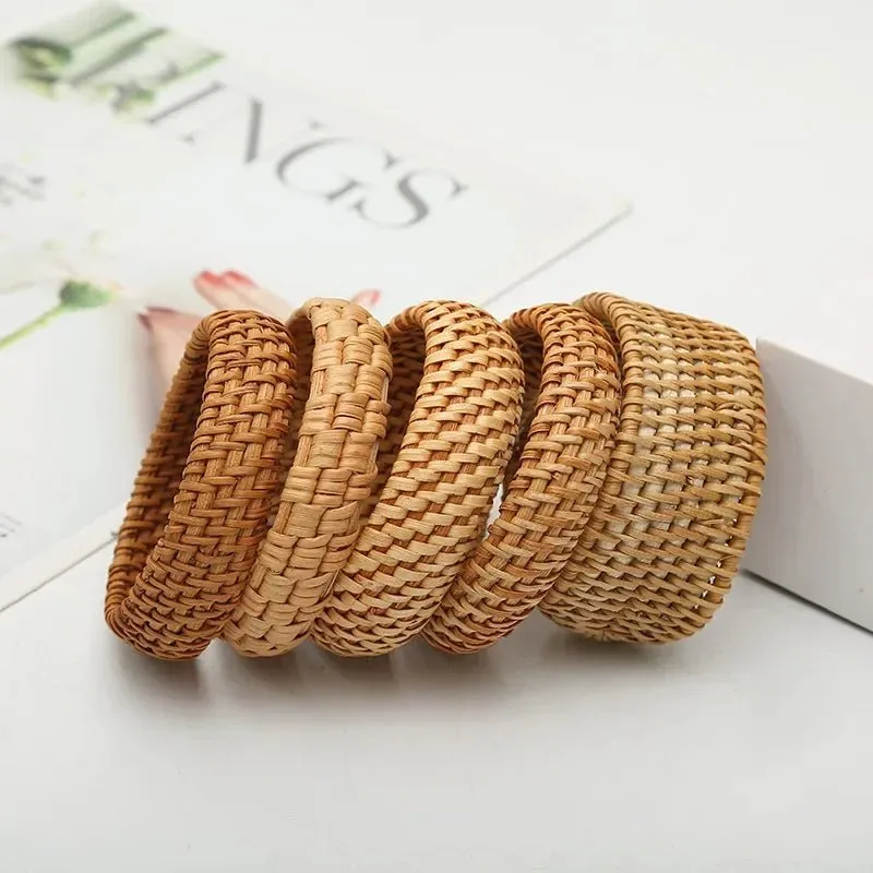 Boho Chic Handmade Bamboo & Rattan Weave Bangles - Bohemian Beach Style Bracelet for Women