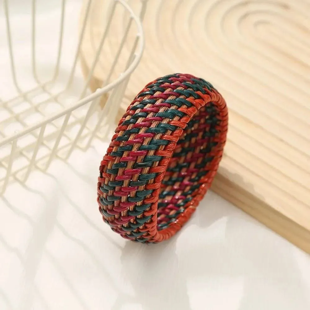 Boho Chic Handmade Bamboo & Rattan Weave Bangles - Bohemian Beach Style Bracelet for Women