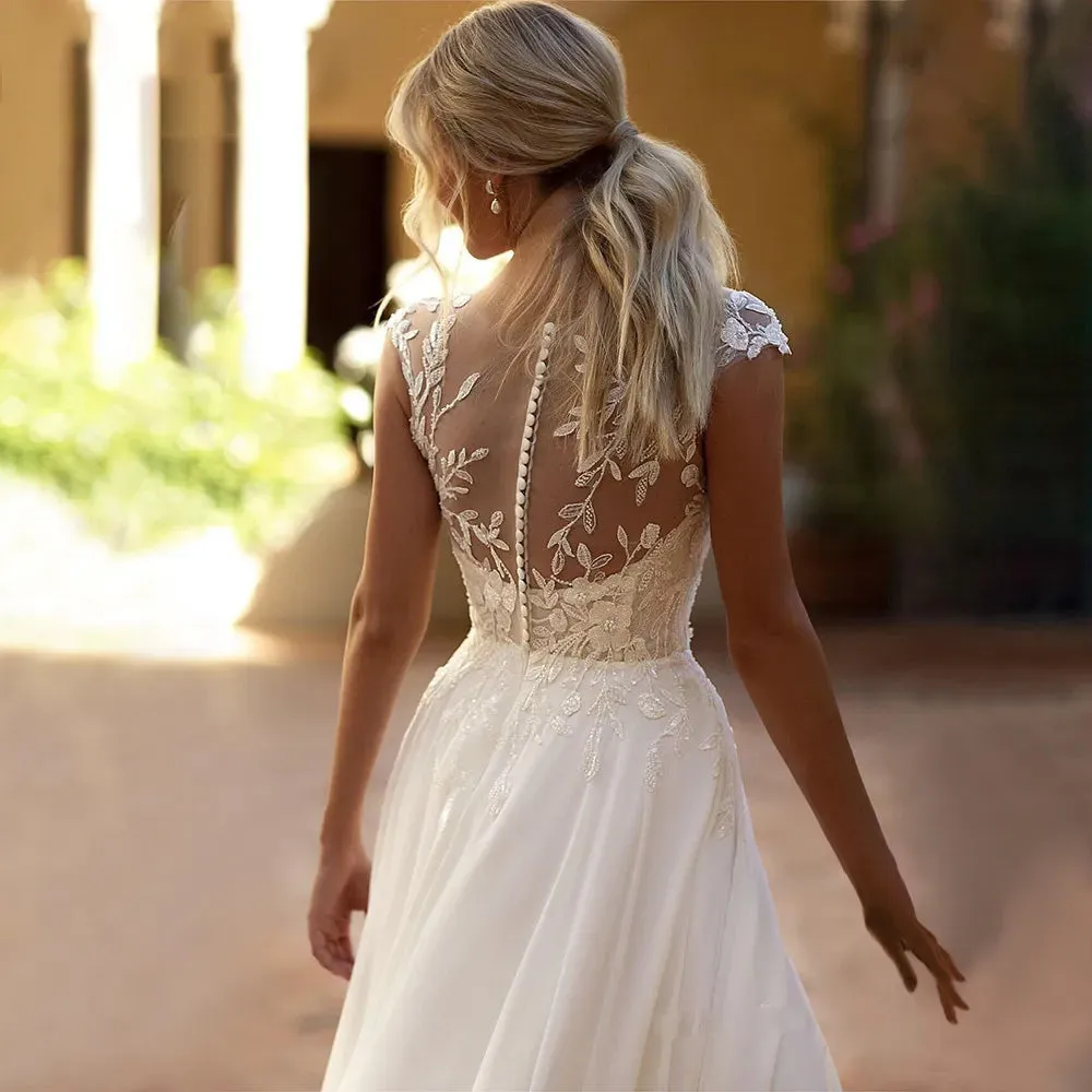 Boho Lace A-Line Chiffon Sexy Leg Slit Wedding Dress with Illusion Back