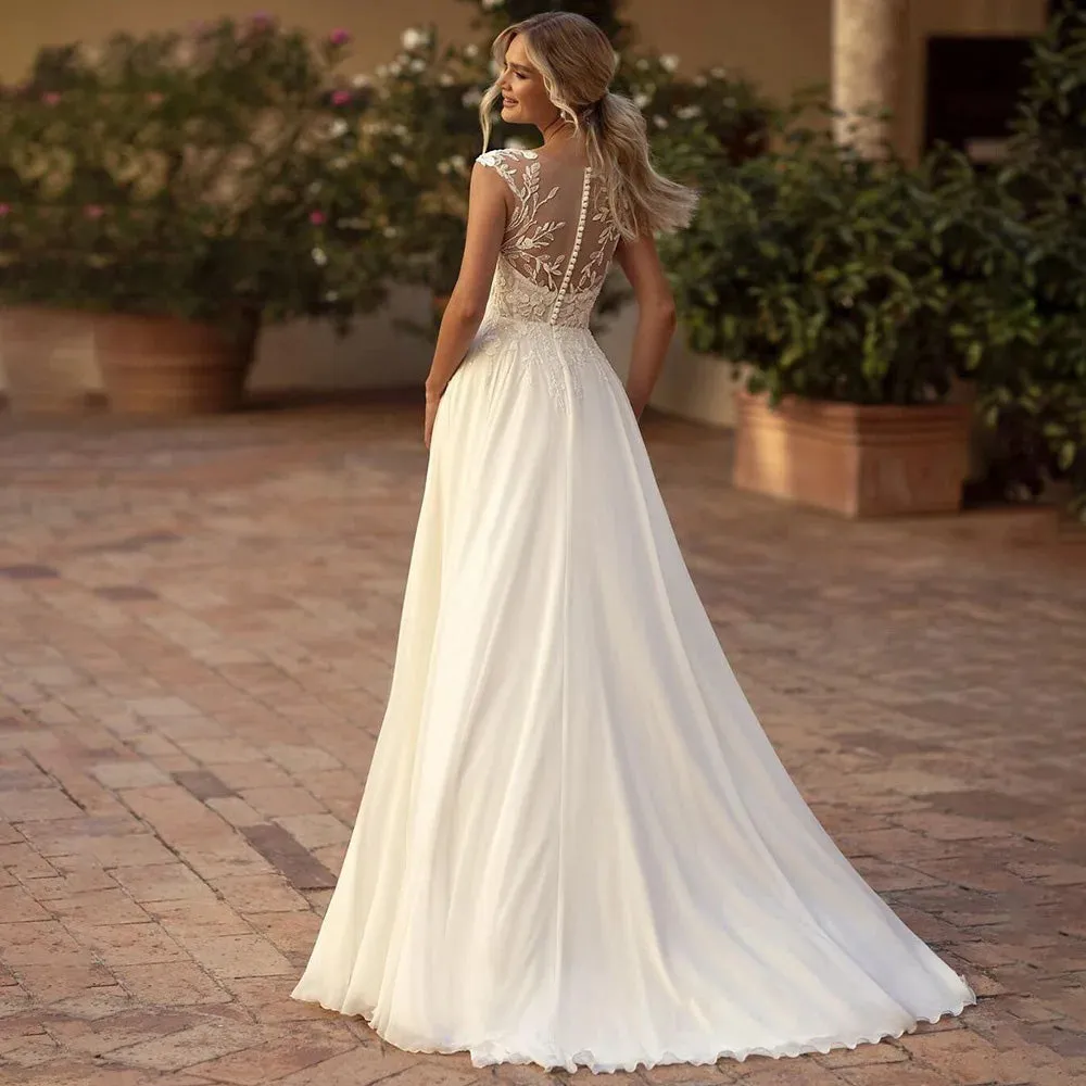 Boho Lace A-Line Chiffon Sexy Leg Slit Wedding Dress with Illusion Back