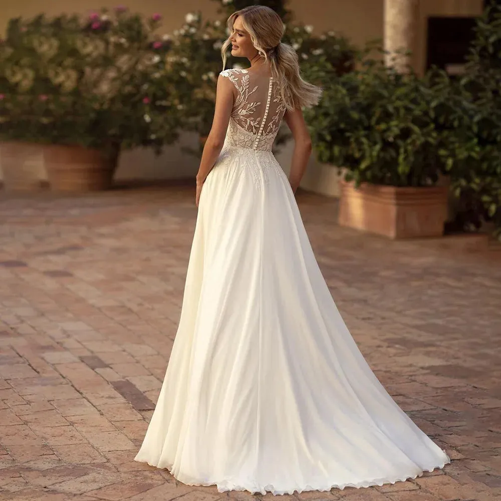 Boho Lace A-Line Chiffon Sexy Leg Slit Wedding Dress with Illusion Back