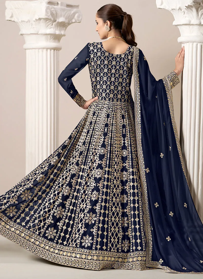 Dark Blue Embroidery Georgette Anarkali Suit