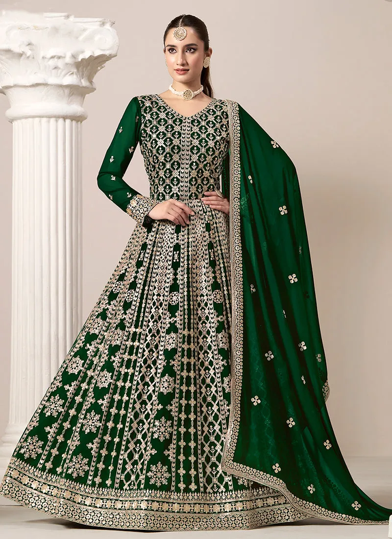 Dark Green Embroidery Georgette Anarkali Suit