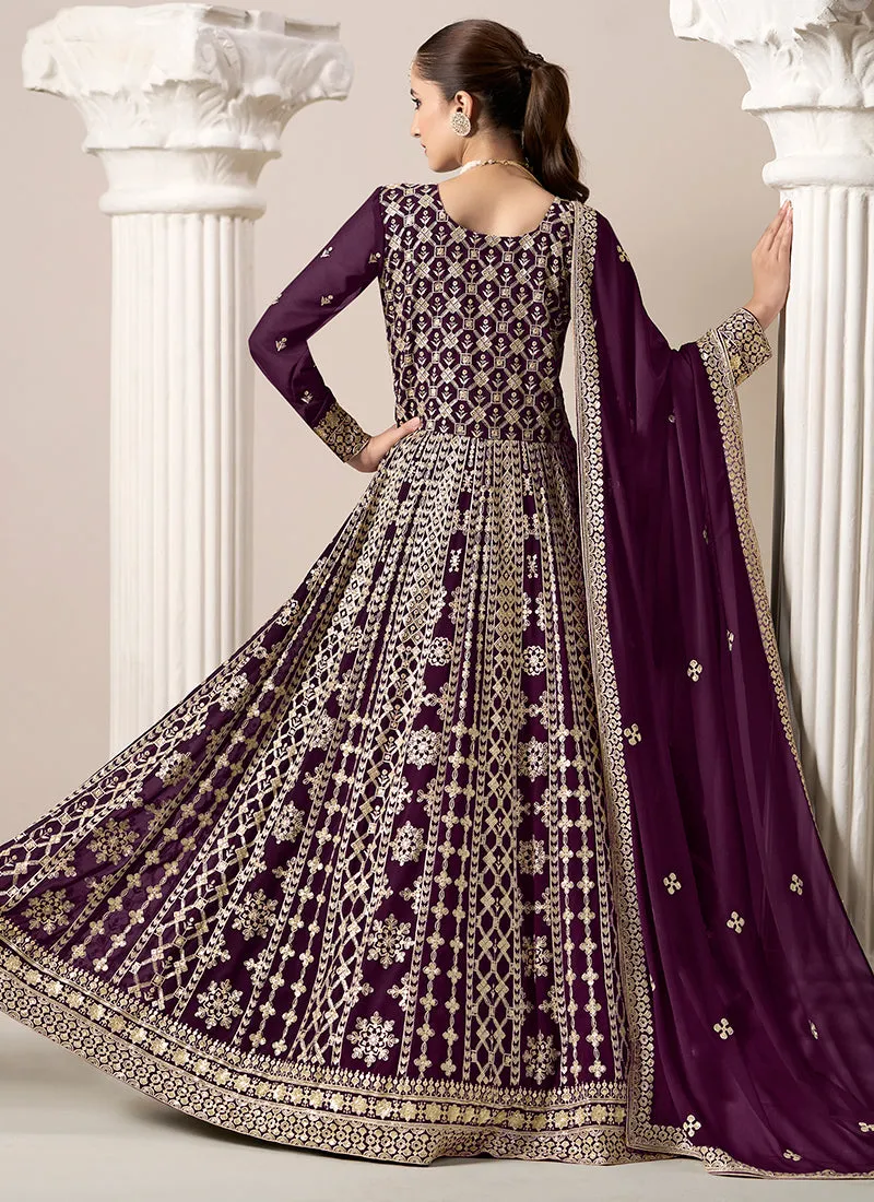 Deep Purple Embroidery Georgette Anarkali Suit