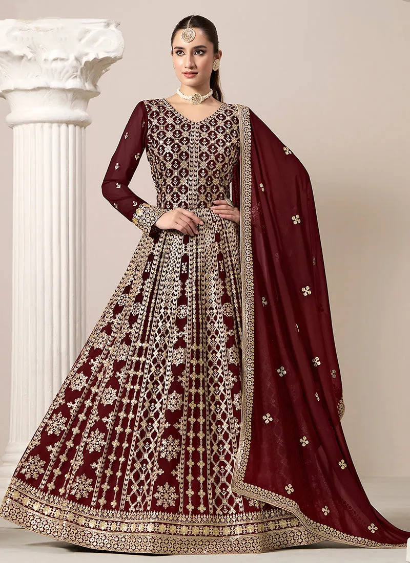 Deep Red Embroidery Georgette Anarkali Suit