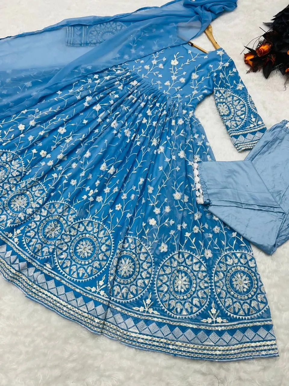 Designer Sky Blue Color Thread Work Gown