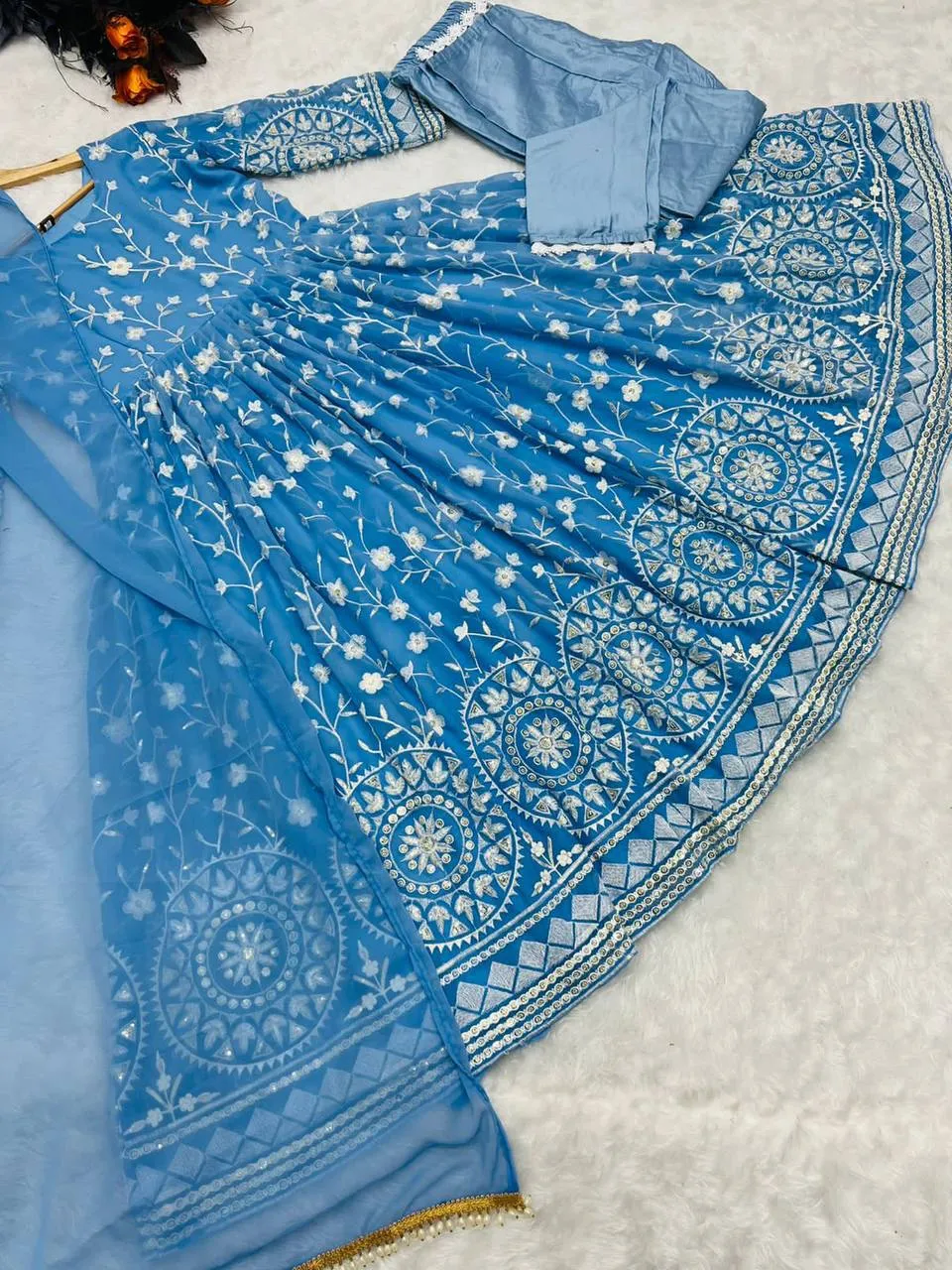 Designer Sky Blue Color Thread Work Gown