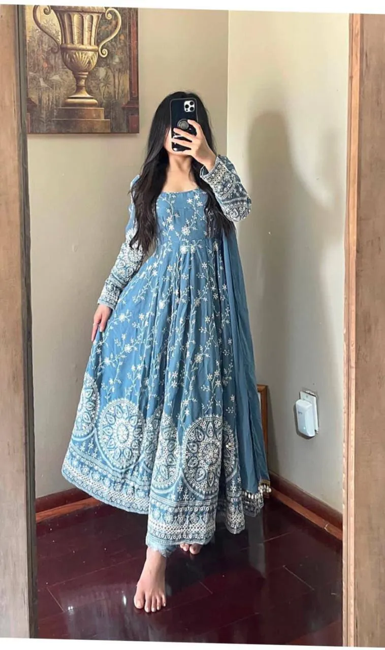 Designer Sky Blue Color Thread Work Gown