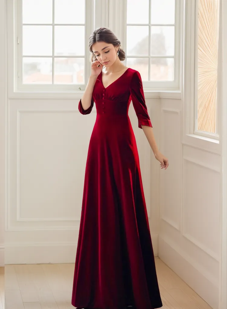 Elegant Long V-Neck A-Line Velvet Dress with Heart Shape Bow-Tied Back