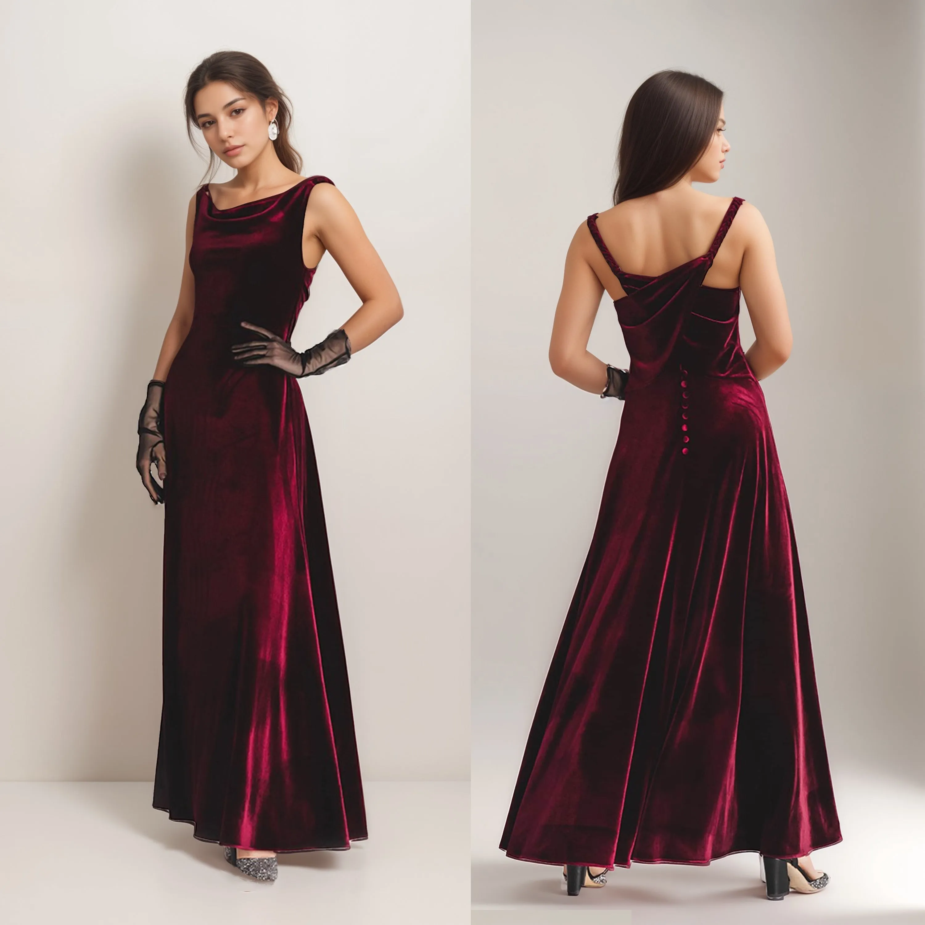 Elegant Velvet Dress with Draped Neck and Stunning Back Design