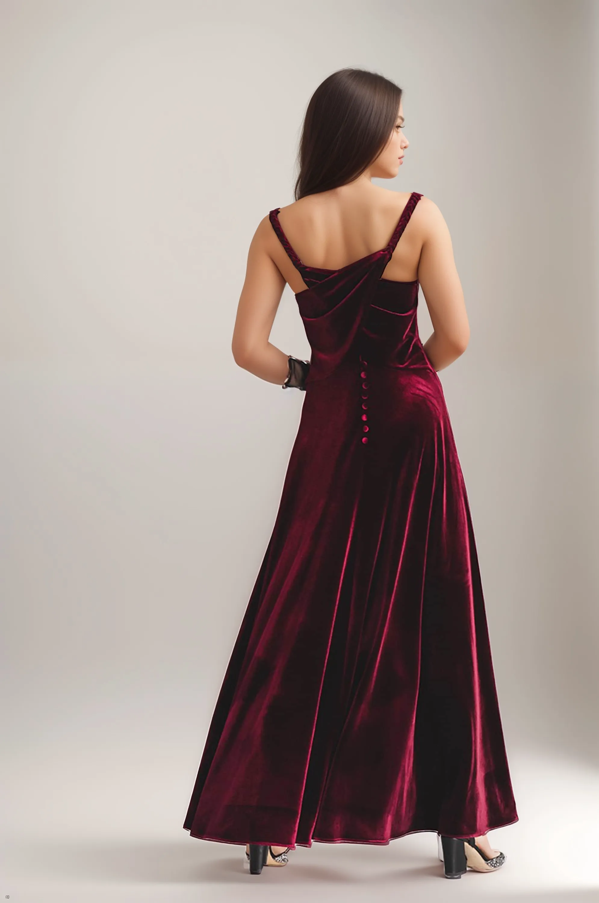 Elegant Velvet Dress with Draped Neck and Stunning Back Design