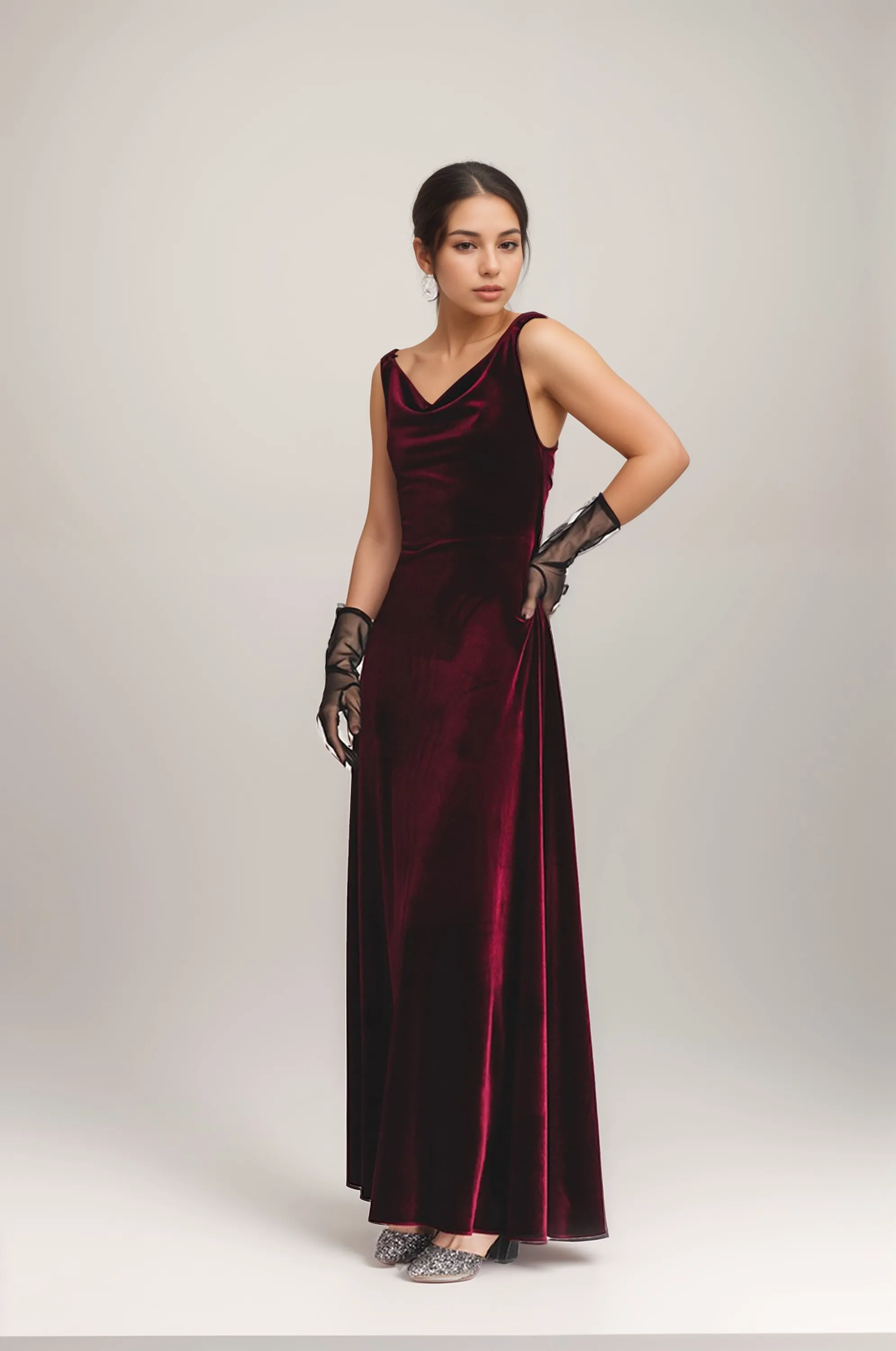 Elegant Velvet Dress with Draped Neck and Stunning Back Design