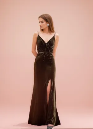 Fit and Flare Long Velvet Dress with Spaghetti Straps and Side Slit