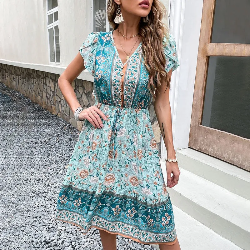 Floral Print Boho Midi Summer Dress with Petal Sleeves