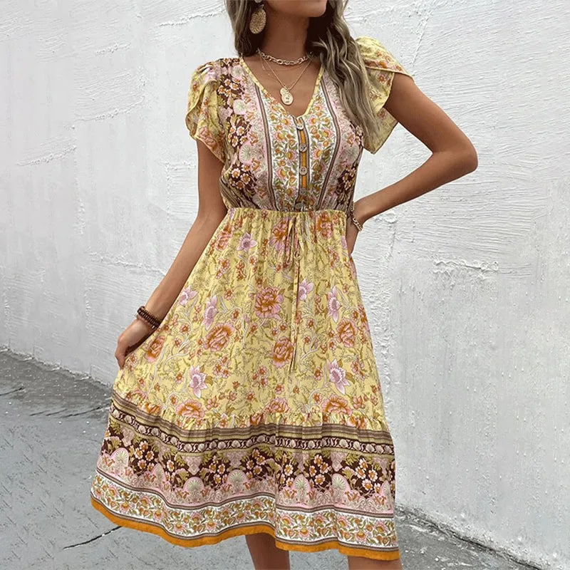 Floral Print Boho Midi Summer Dress with Petal Sleeves